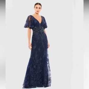 Mac Duggal NWT Midnight Blue 16 Beaded V Neck Flutter Sleeve Maxi Evening Gown